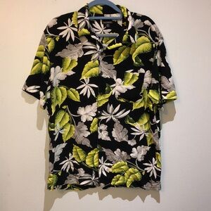 Hawaiian Aloha Shirt George Large 42-44 Men’s Black Green White